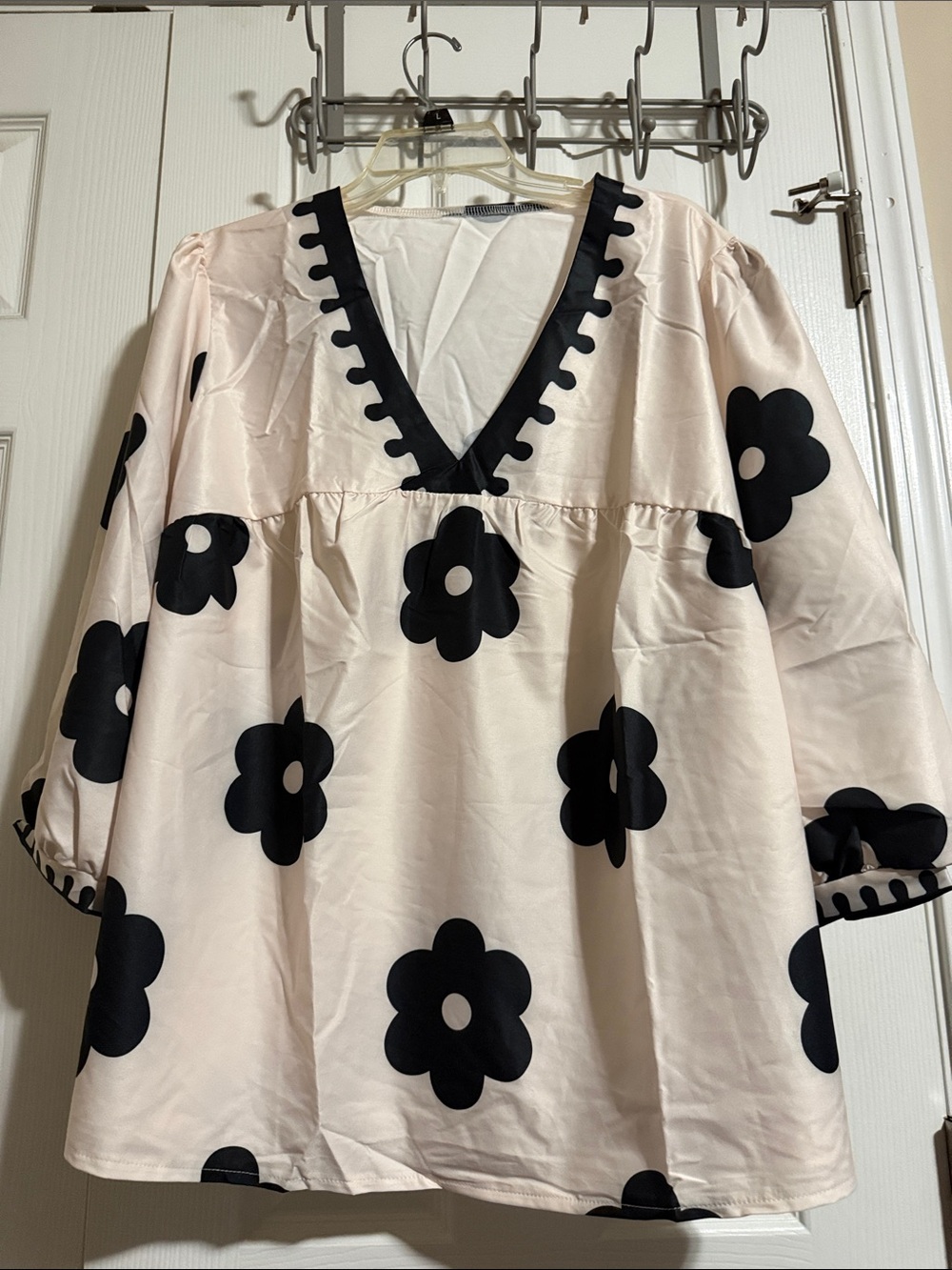 SHEIN Cream and Black Floral V-Neck Blouse